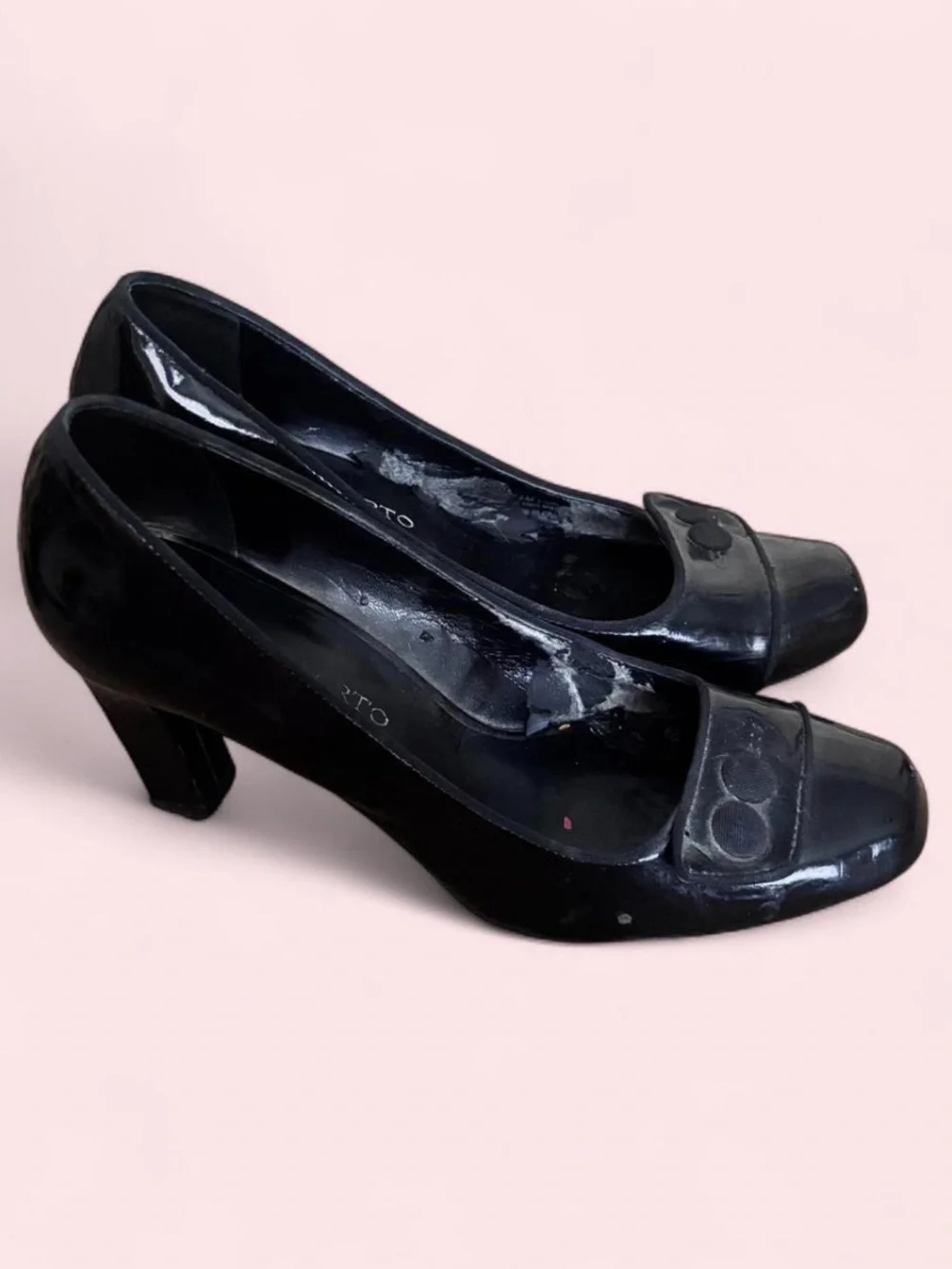 Franco Sarto Black Patent Leather Mid-Heel Pumps